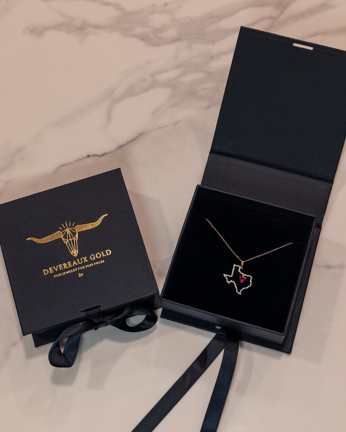 Diamond State of Texas Necklace with Ruby Heart in Devereaux Gold Packaging