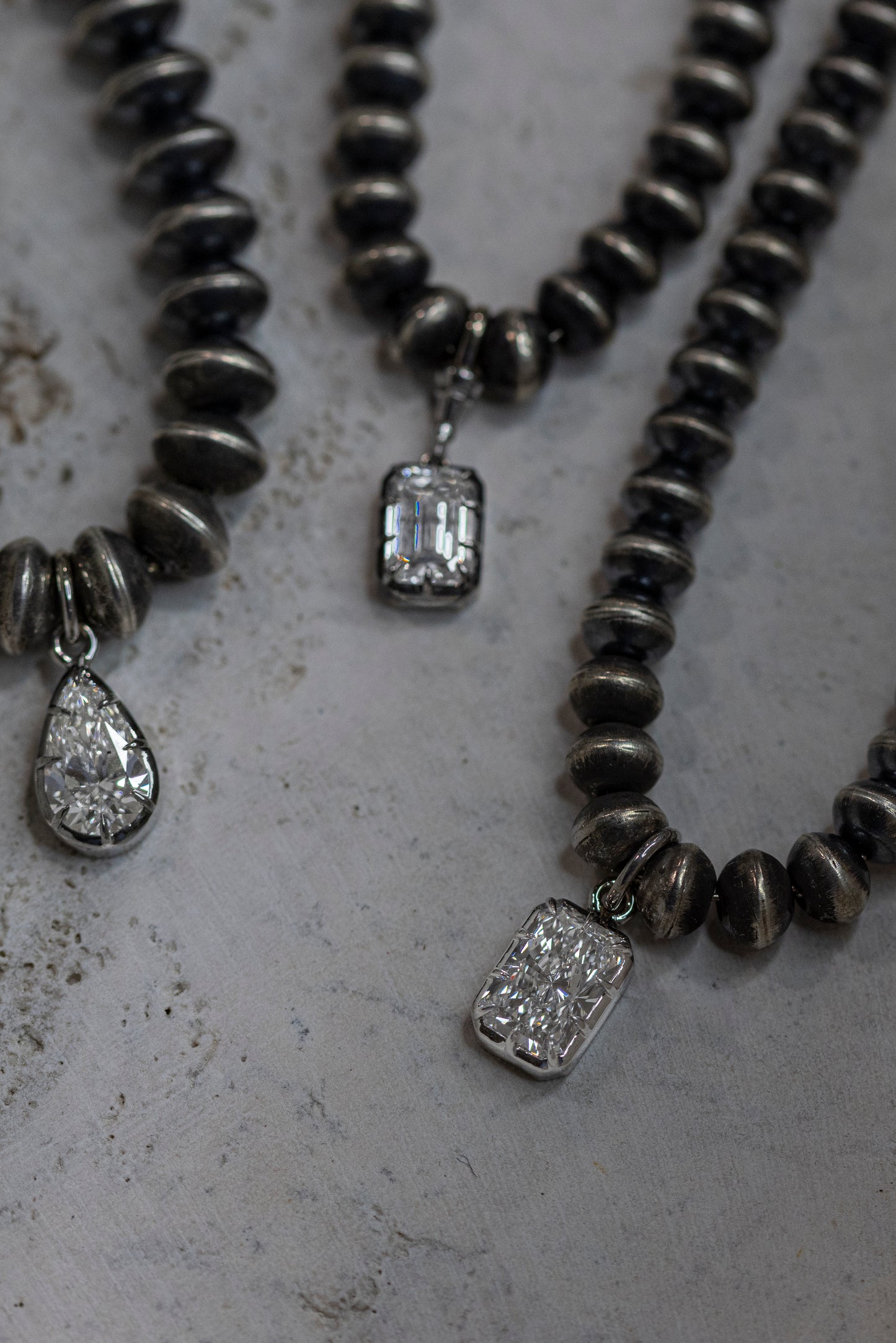 1806 & Co. X Devereaux Gold: Navajo Pearl Necklace with Lab-Grown Emerald Cut Diamond Pendant