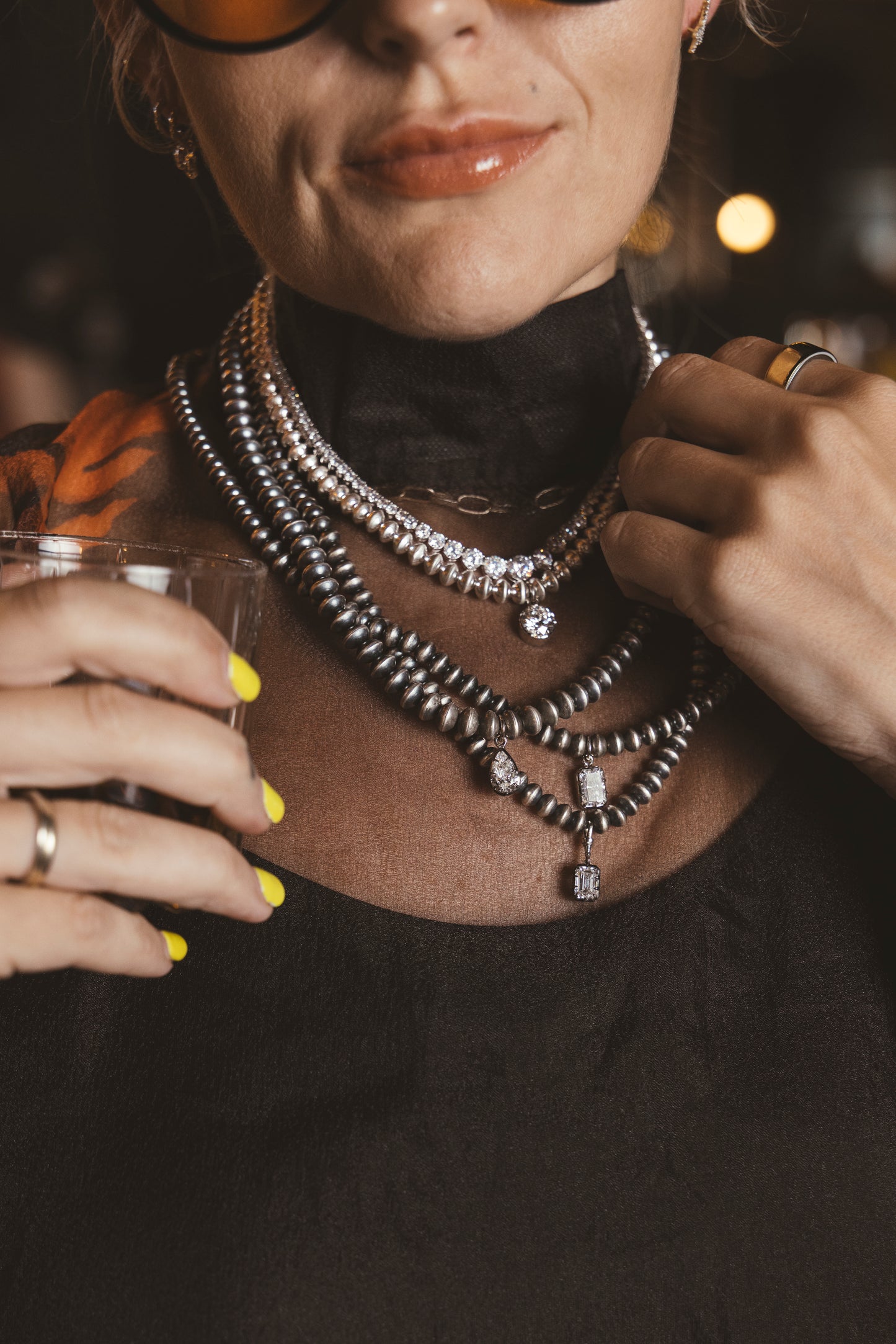 1806 & Co. X Devereaux Gold: Navajo Pearl Necklace with Lab-Grown Emerald Cut Diamond Pendant