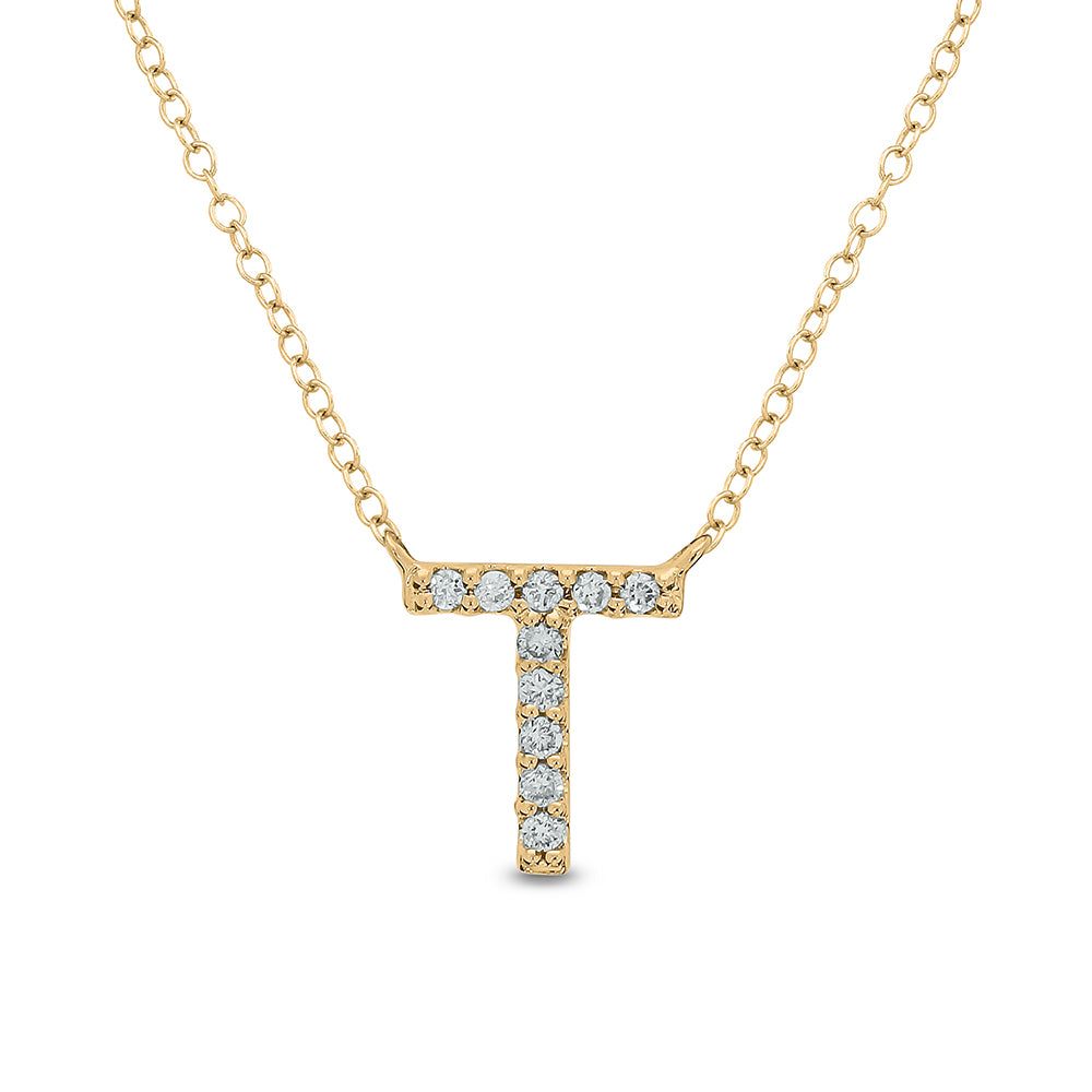Letter T Yellow Gold Diamond Accent Initial Necklace 14k