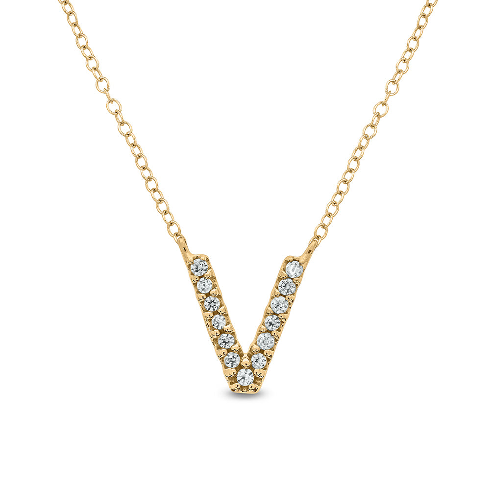 Letter V Yellow Gold Diamond Accent Initial Necklace 14k