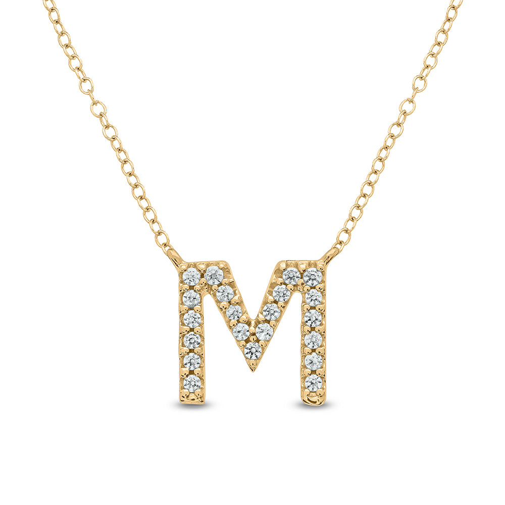 Letter M - Yellow Gold Diamond Accent Initial Necklace 14k