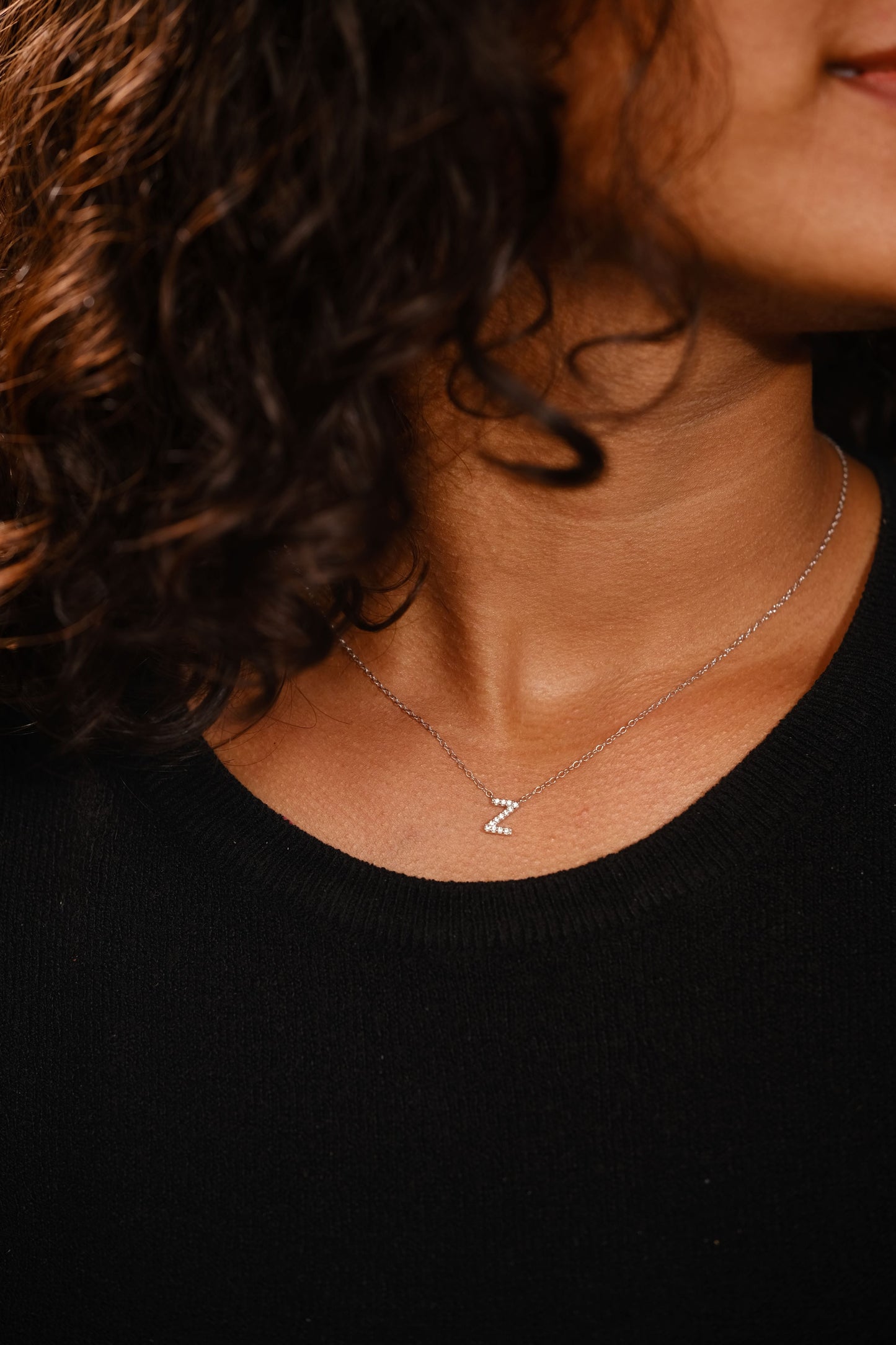 Model Shot Letter Z - White Gold Diamond Accent Initial Necklace 14k