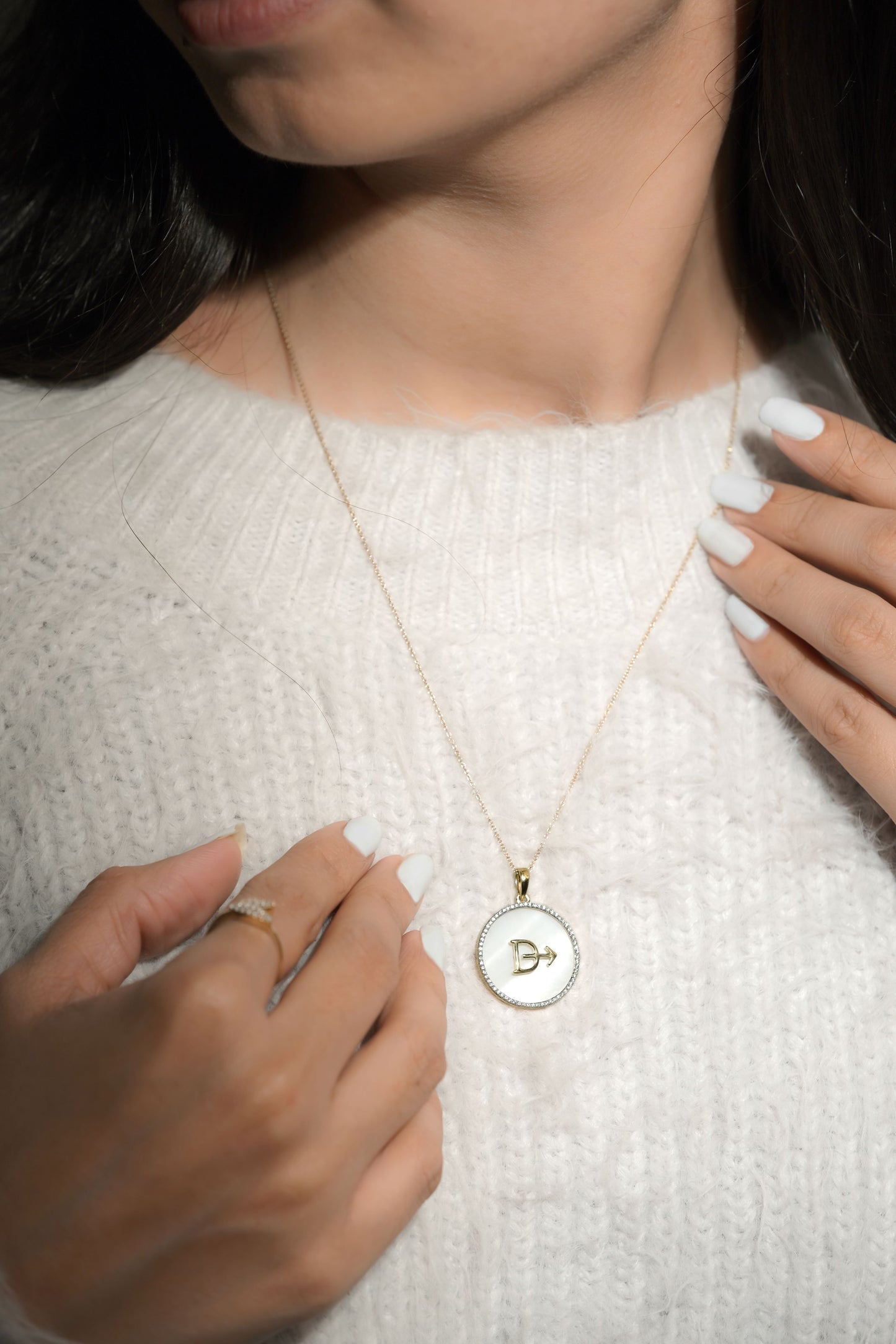 Model shot - Personalized Mother of Pearl Livestock Cattle Brand Diamond Pendant Necklace