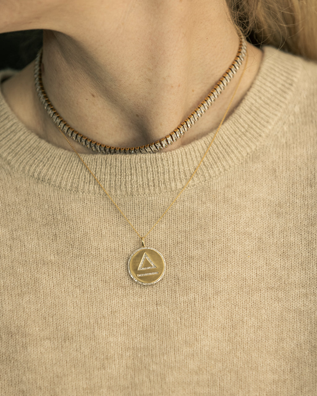 On Model - Personalized 14k Gold and Diamond Cattle Livestock Brand Diamond Pendant