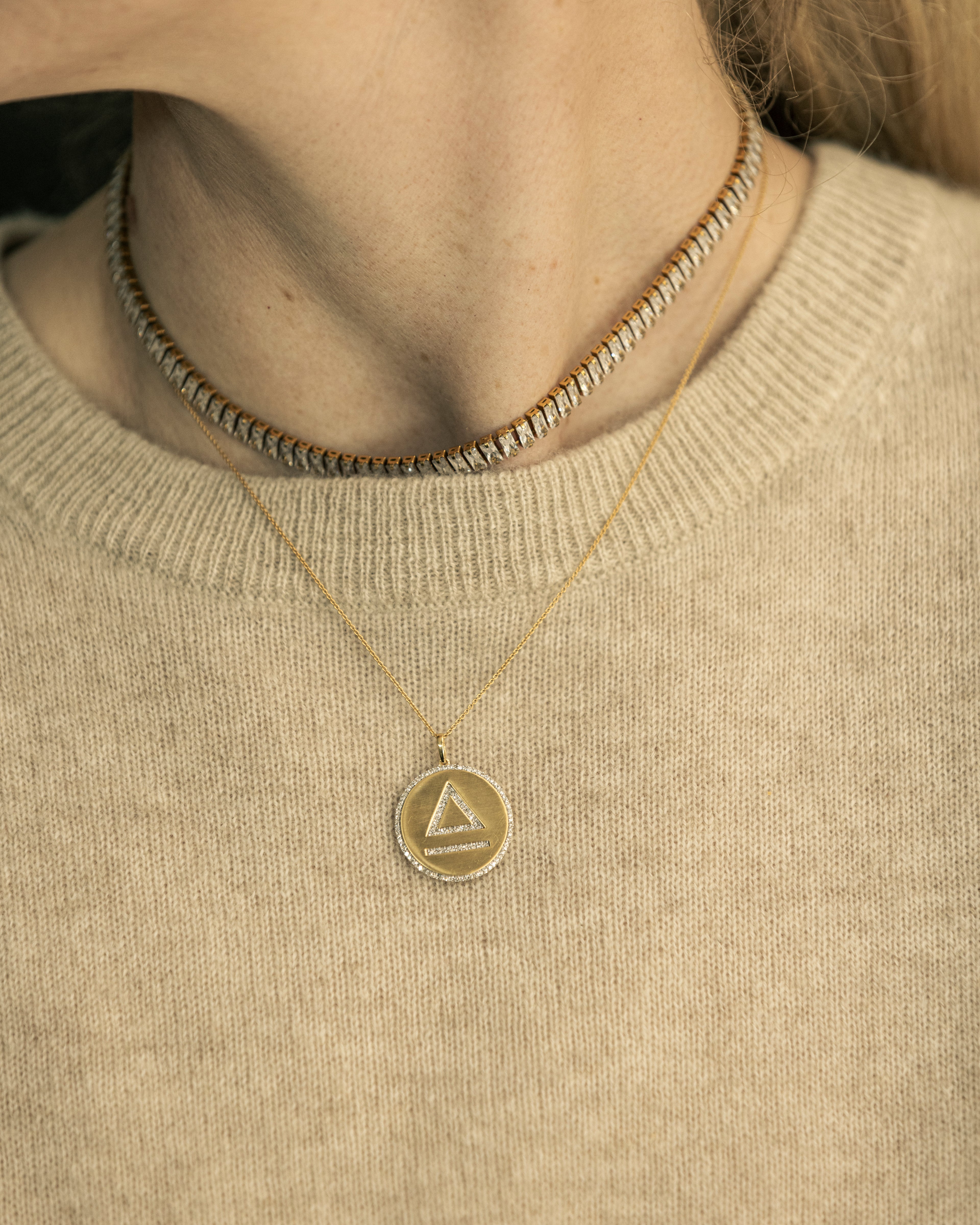 On Model - Personalized 14k Gold and Diamond Cattle Livestock Brand Diamond Pendant