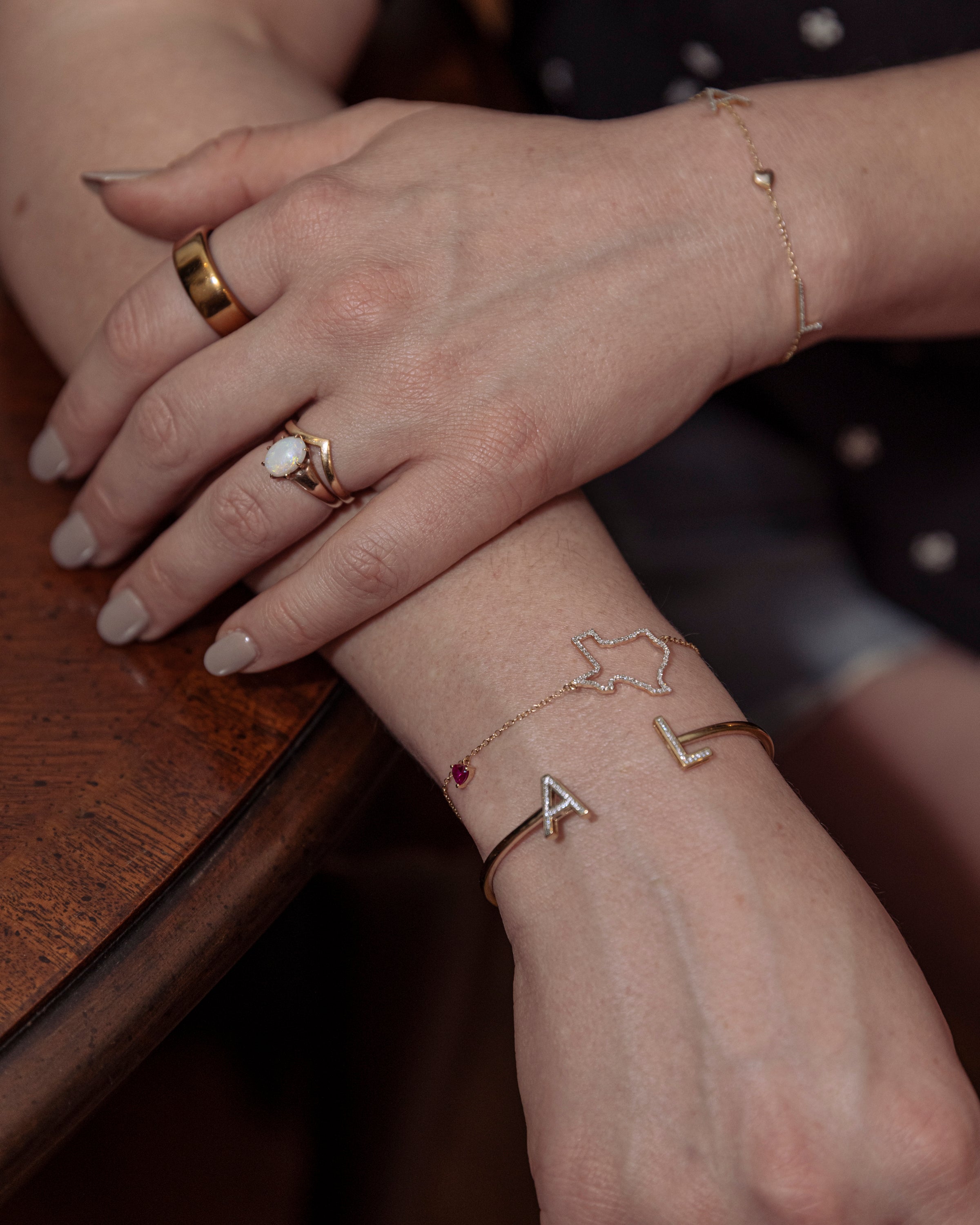 Lifestyle Model Image - Gold Diamond Two-Initial Personalized Bangle Bracelet