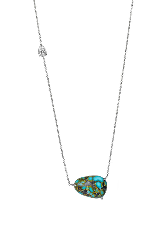 Blue Gem Turquoise Necklace with 1/2 CT. Pear Shaped Lab Grown Diamond Station in 14K White Gold