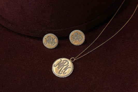 Custom Personalized Gold and Diamond Disc Stud Earrings in 14K Gold