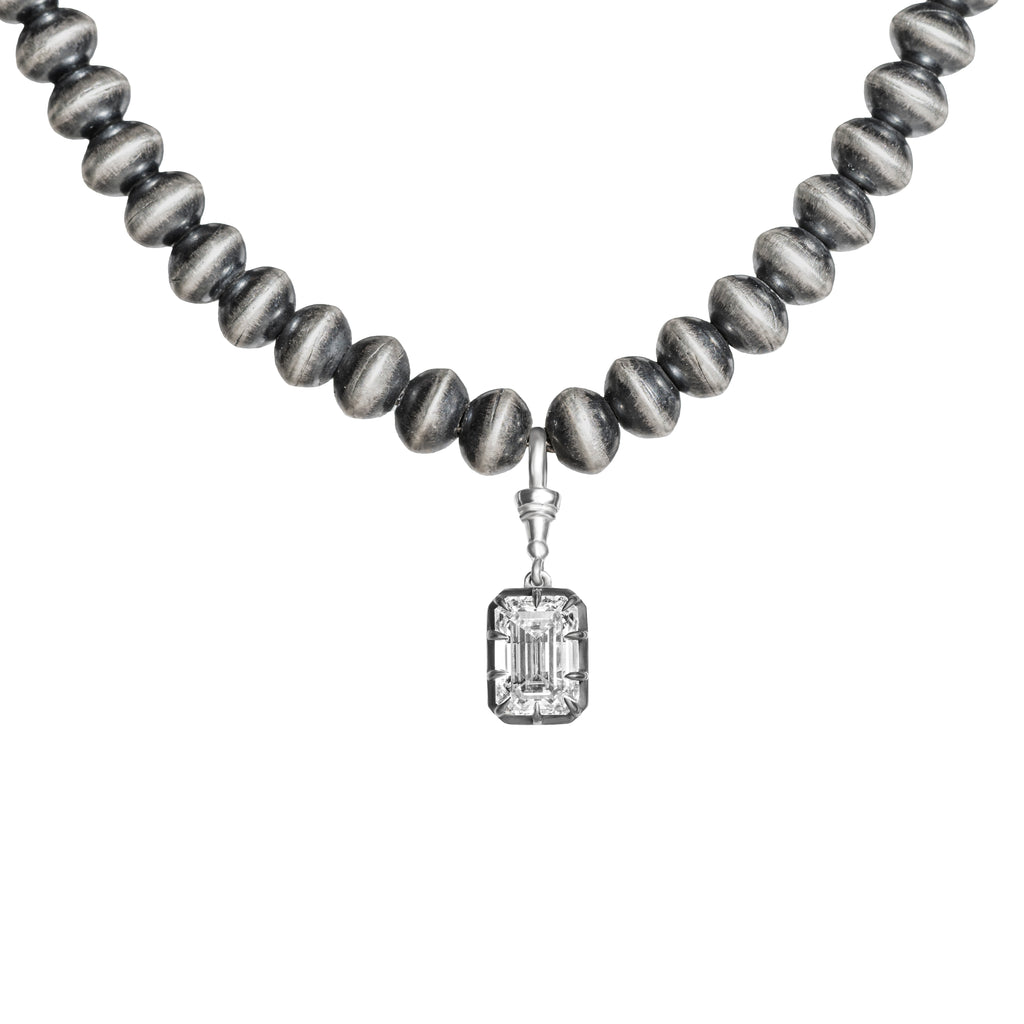 1806 & Co. X Devereaux Gold: Navajo Pearl Necklace with Lab-Grown Emerald Cut Diamond Pendant