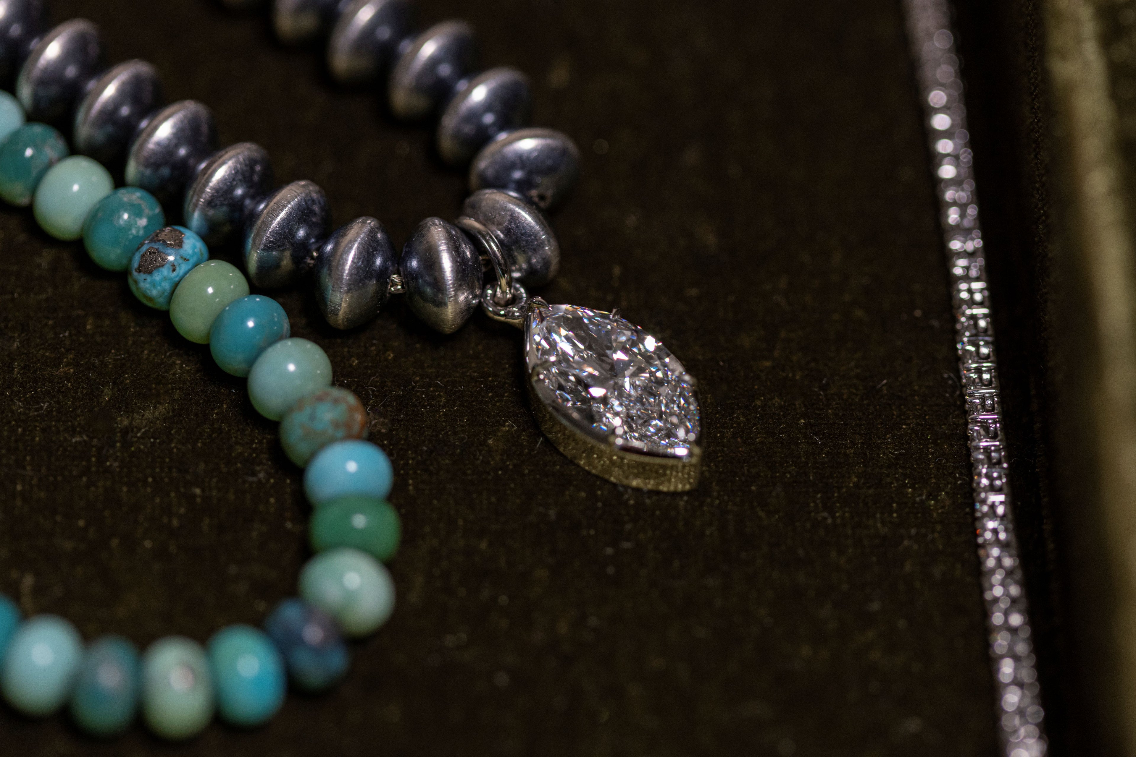 1806 & Co. X Devereaux Gold: Navajo Pearl Necklace with Lab-Grown Marquis Diamond Pendant