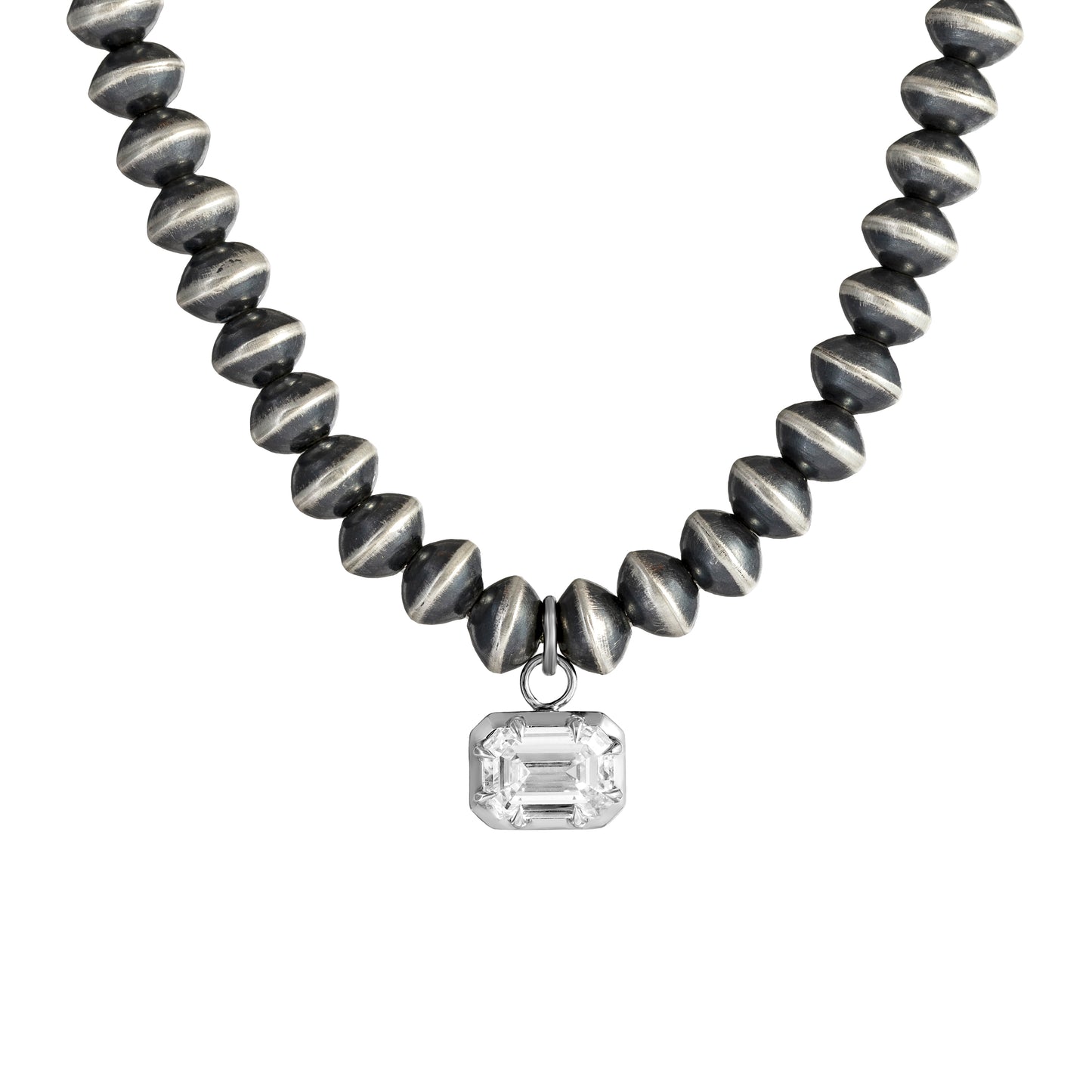 16-inch 6mm Navajo Pearl Necklace with 2 CT. East-West Emerald Cut Lab-Grown Diamond Pendant