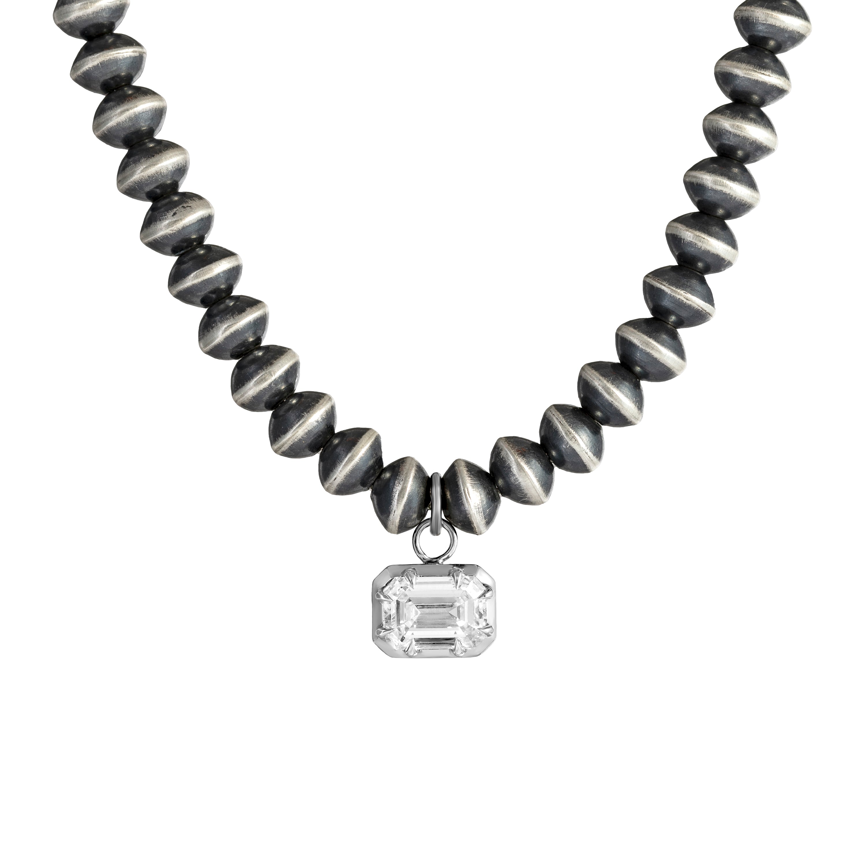 16-inch 6mm Navajo Pearl Necklace with 2 CT. East-West Emerald Cut Lab-Grown Diamond Pendant