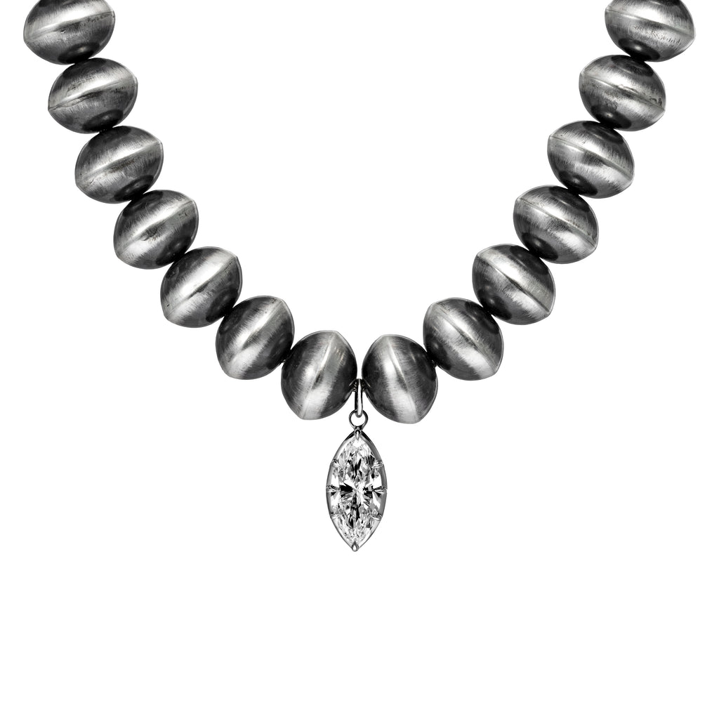 17-inch 15mm Saucer Navajo Pearl Necklace with 4 CT. Lab-Grown Marquis Diamond Pendant