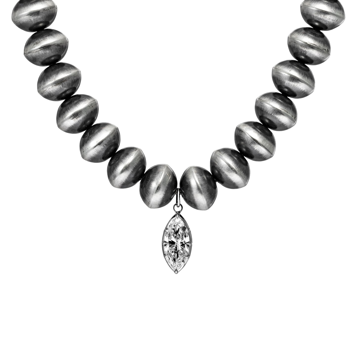 17-inch 15mm Saucer Navajo Pearl Necklace with 4 CT. Lab-Grown Marquis Diamond Pendant