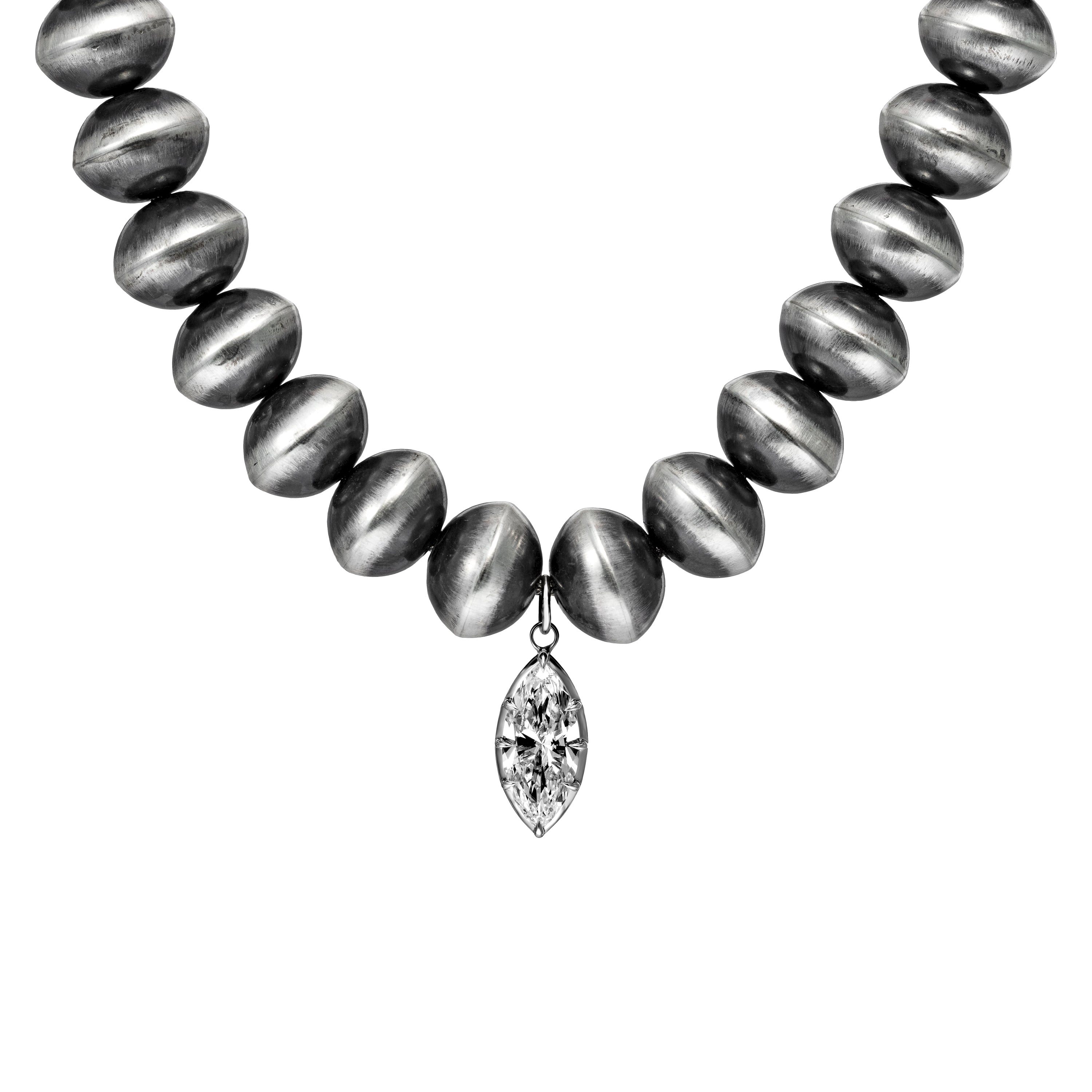 17-inch 15mm Saucer Navajo Pearl Necklace with 4 CT. Lab-Grown Marquis Diamond Pendant