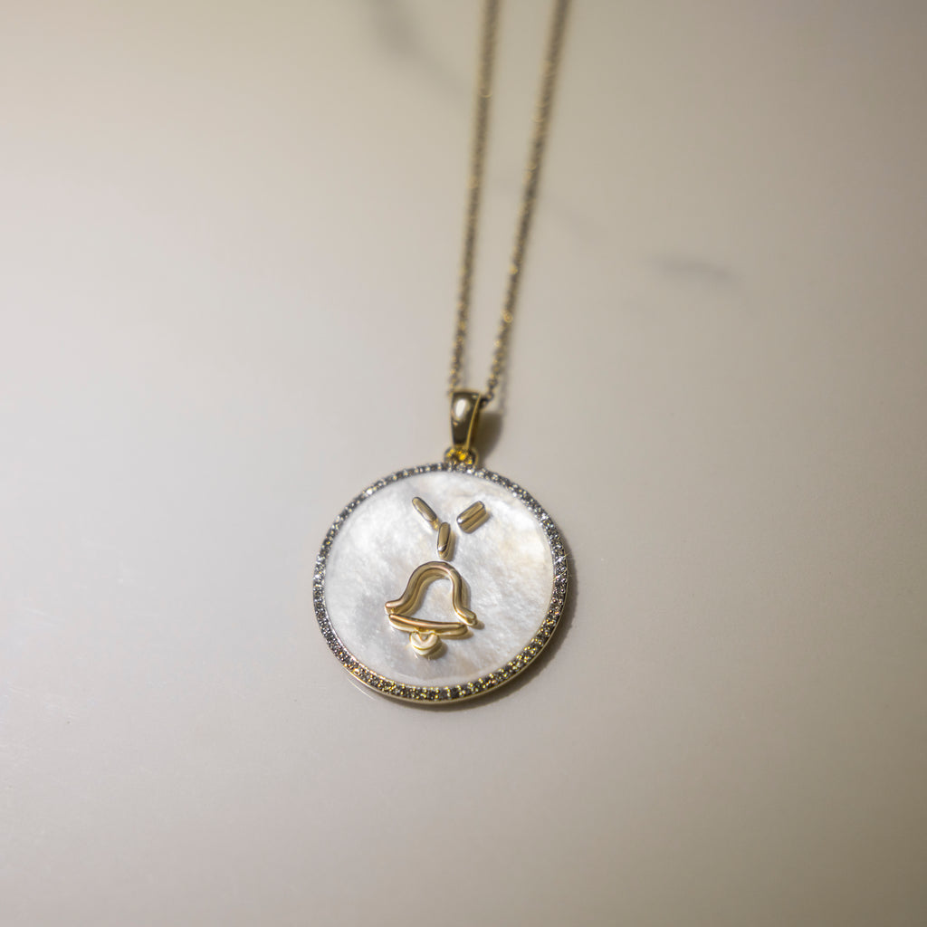 Mother of Pearl 14k Gold Custom Cattle Brand Diamond Medallion Necklace