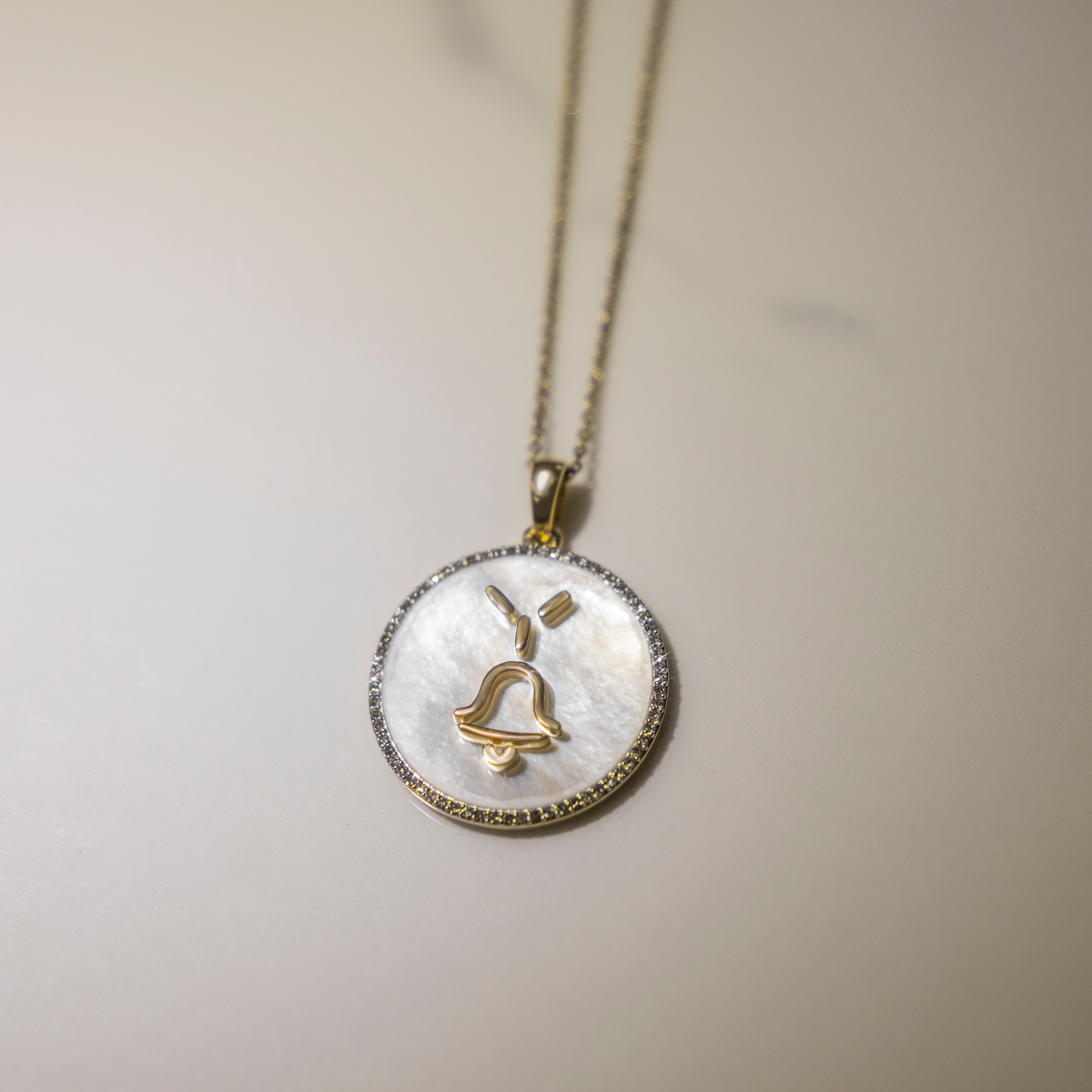 Mother of Pearl 14k Gold Custom Cattle Brand Diamond Medallion Necklace