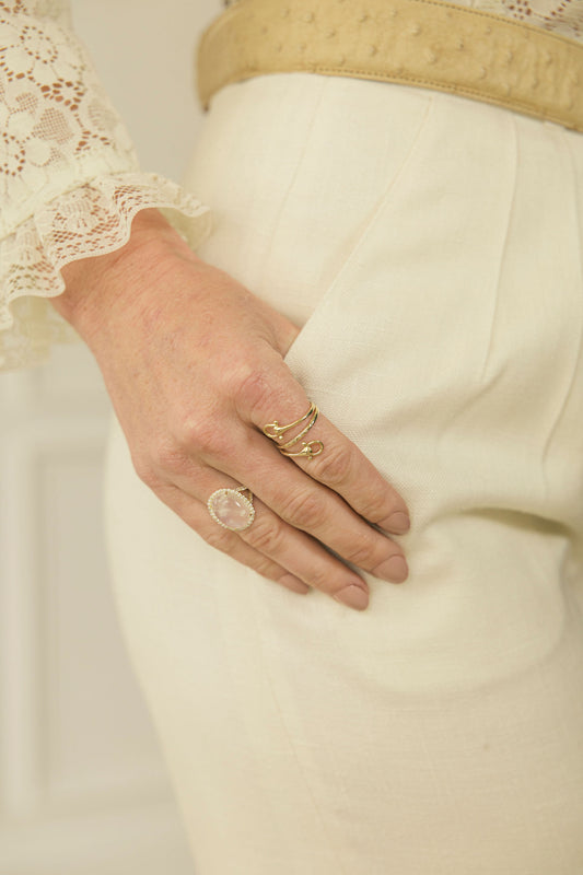 Moonstone & Diamond Split Shank Ring in 14K Yellow Gold