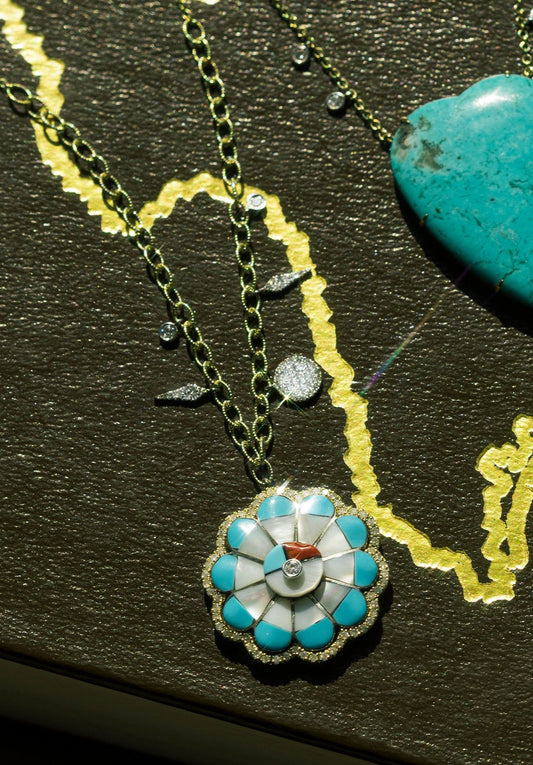 Mosaic Inlay Flower Necklace with Diamond Accents in 14K Yellow Gold