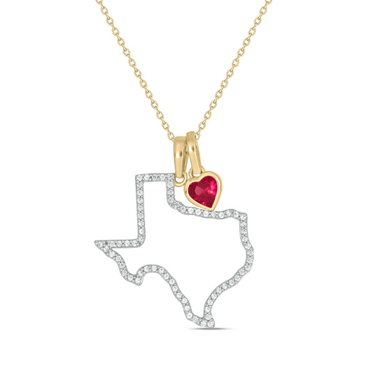 Front View Heart of Texas -  State of Texas Diamond Pendant Necklace with heart shaped created ruby heart