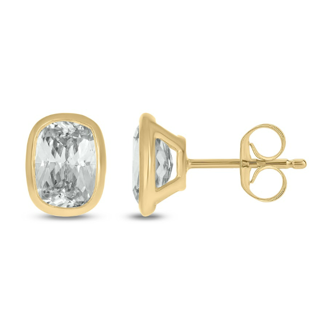 2 CT.T.W. Lab Grown Elongated Cushion Cut Diamond Bezel Set Solitaire Stud Earrings in 14K Gold