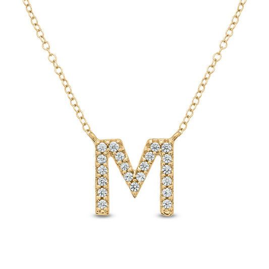 Letter M - Yellow Gold Diamond Accent Initial Necklace 14k