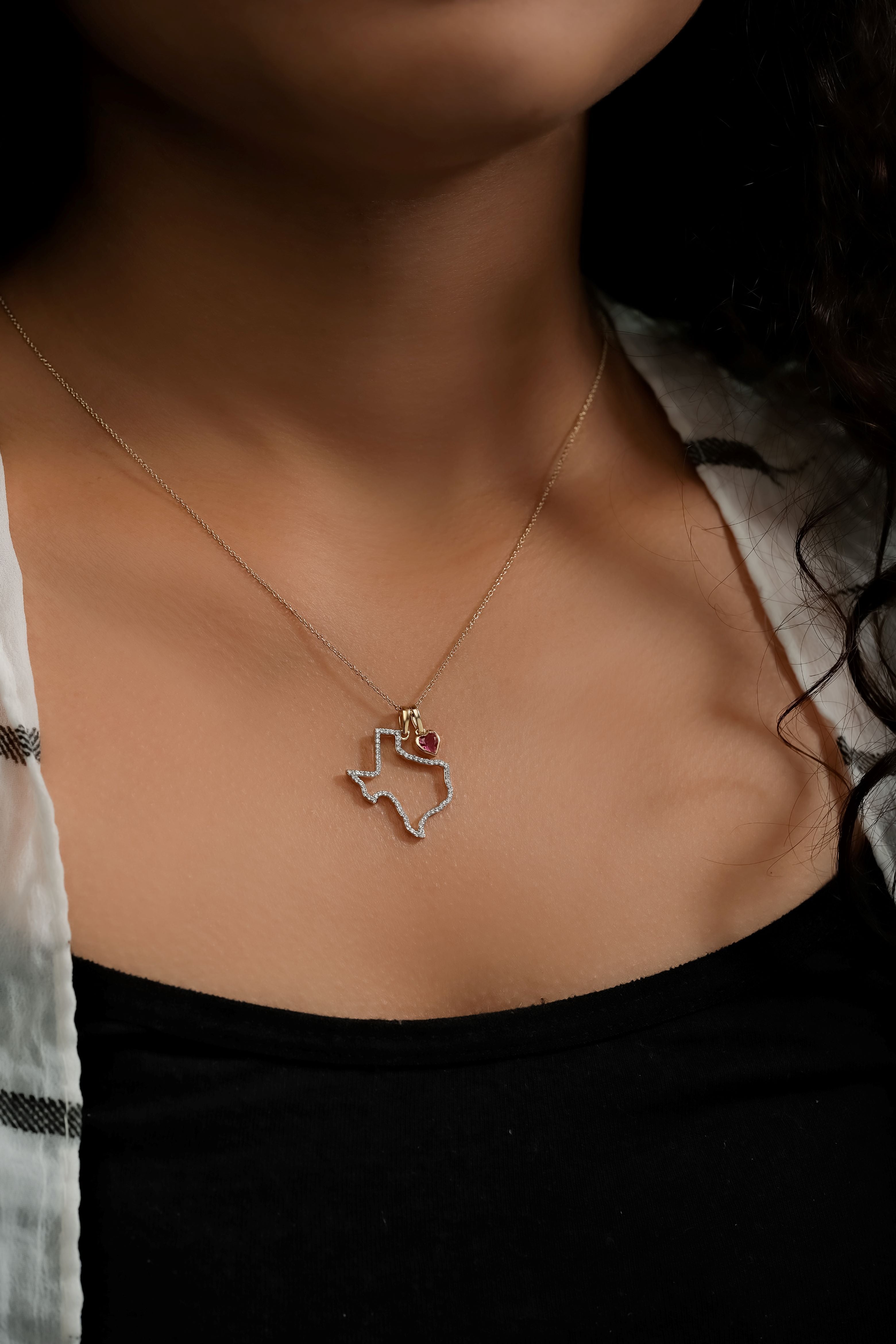 Model Shot Heart of Texas - State of Texas Diamond Pendant Necklace with heart shaped created ruby heart