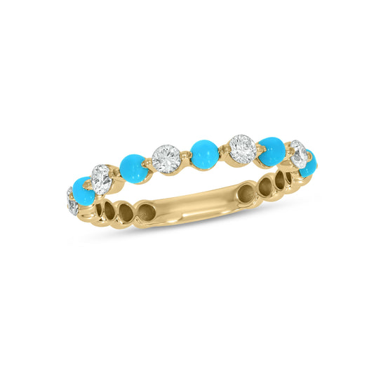 Alternating Lab Grown Diamond & Turquoise Single Shared Prong Band in 14K Gold