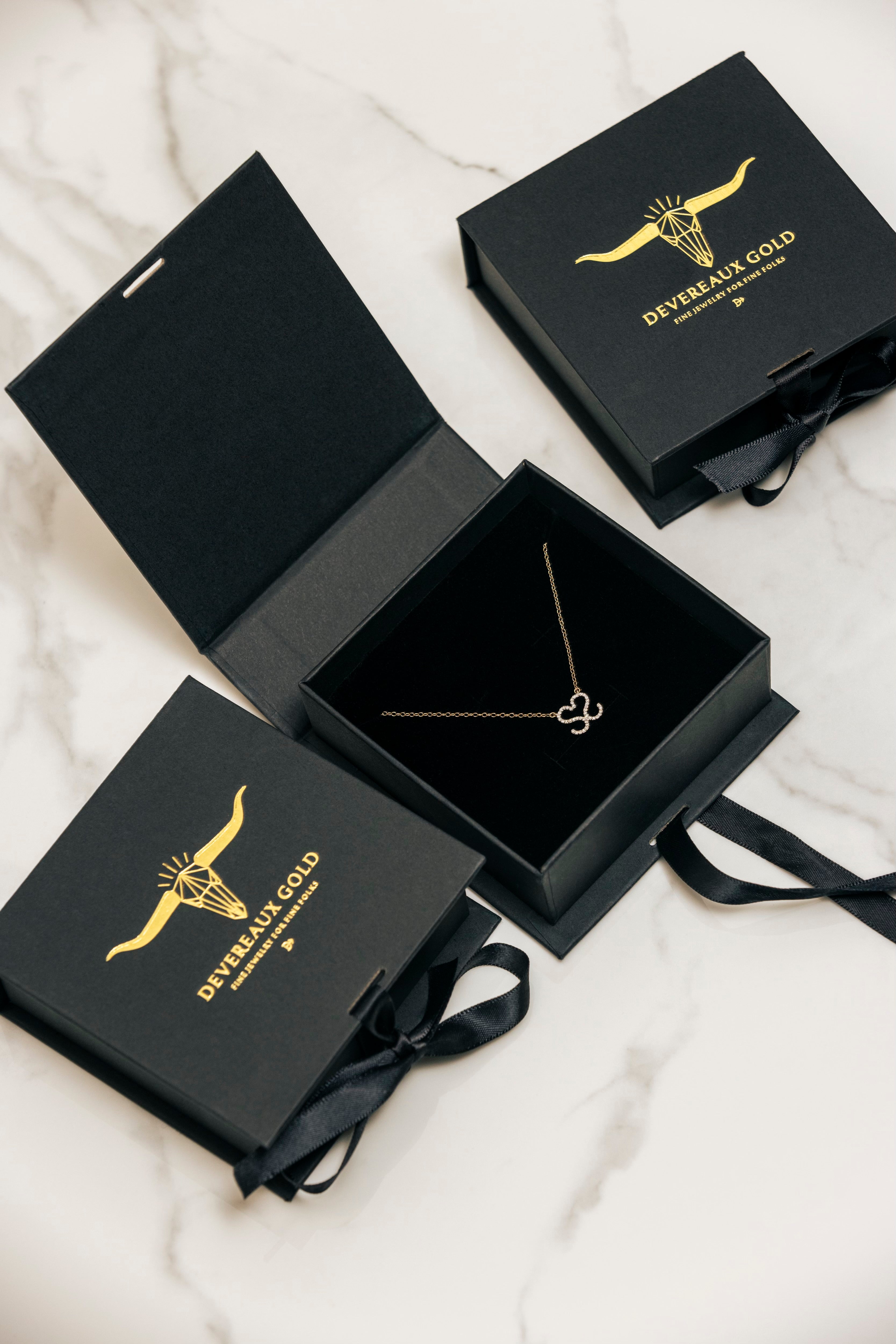 In Package -  Custom 14k Gold and Diamond Cattle Brand Necklace