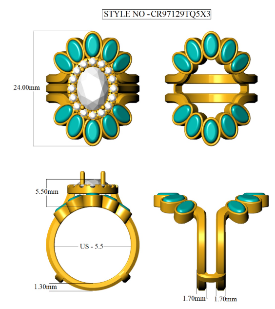 Oval Turquoise 10 stone Guard Ring Enhancer in 14K Gold